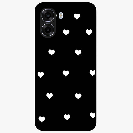 Cute And Simple White Hearts Glass Case showing flat back view with minimal white heart pattern and glossy glass finish.