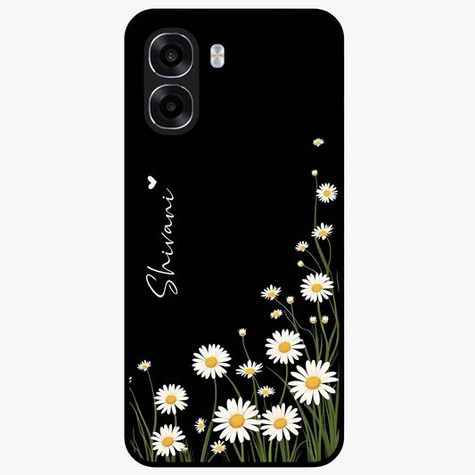 Daisy Cascade Custom Name Glass Case showing flat back view with cascading daisy flowers and personalized name design.