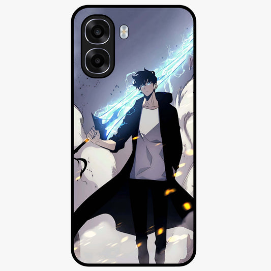 Dark Lightning Anime Warrior Glass Case showing flat back view with intense anime warrior artwork and glossy glass finish.