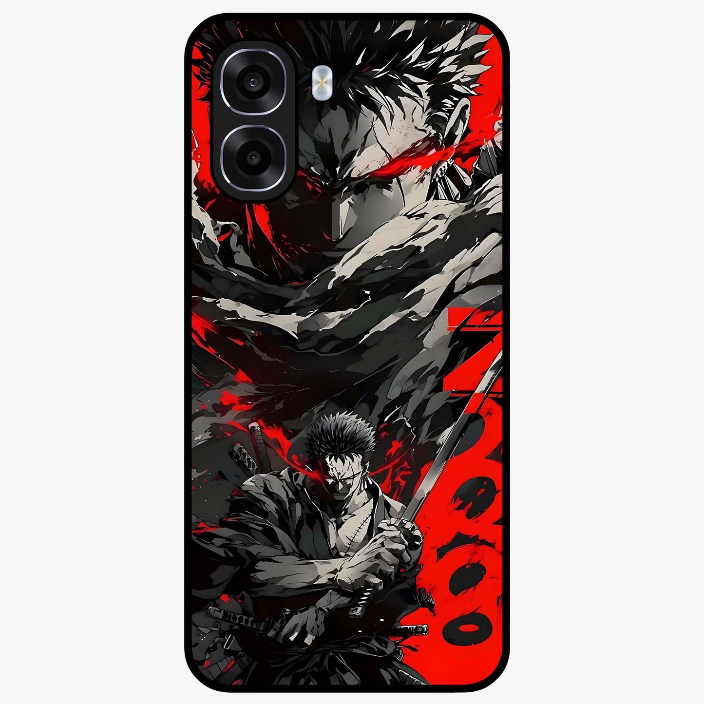 Demon Sword Resolve Glass Case showing flat back view with fierce sword warrior artwork and glossy glass finish.