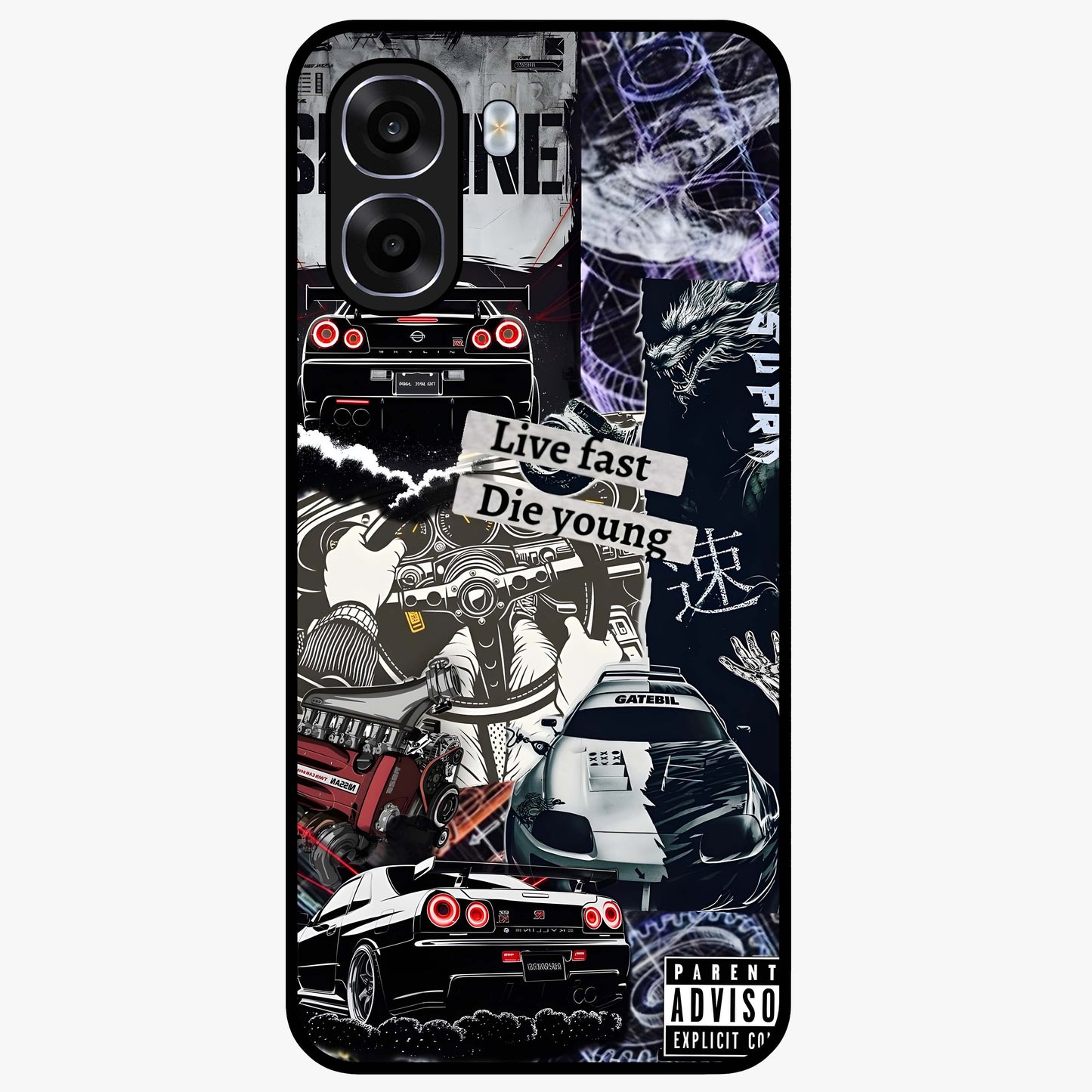 Die Young Glass Case showing flat back view with bold artistic typography design and glossy glass finish.