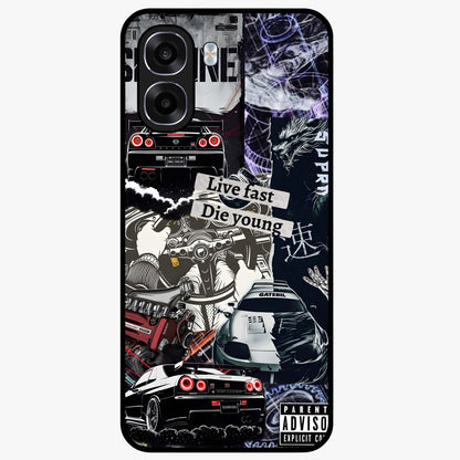 Die Young Glass Case showing flat back view with bold artistic typography design and glossy glass finish.