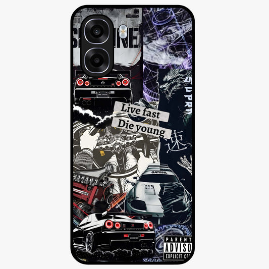 Die Young Glass Case showing flat back view with bold artistic typography design and glossy glass finish.