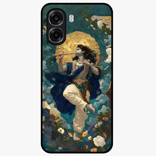 Divine Krishna Art Glass Case showing flat back view with Lord Krishna artwork and glossy glass finish.