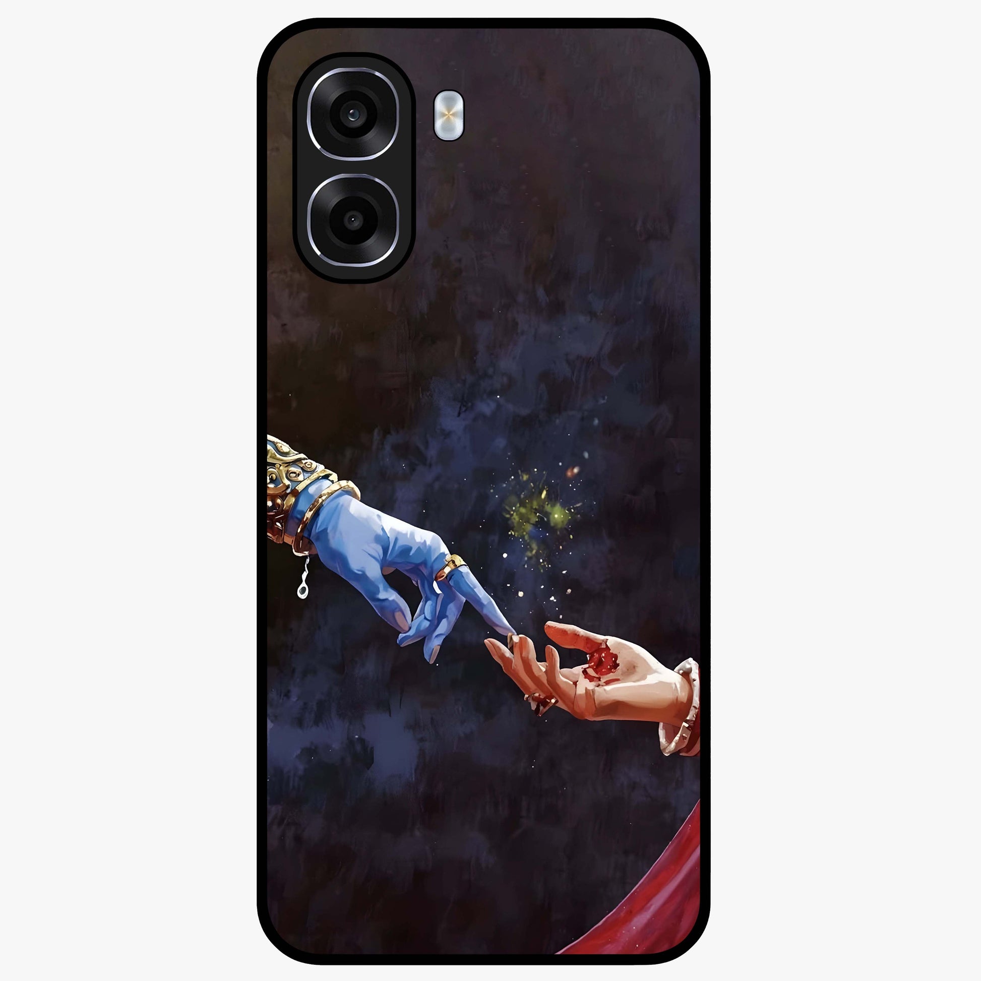 Divine Touch Eternal Glass Case showing flat back view with spiritual themed artwork and glossy glass finish.