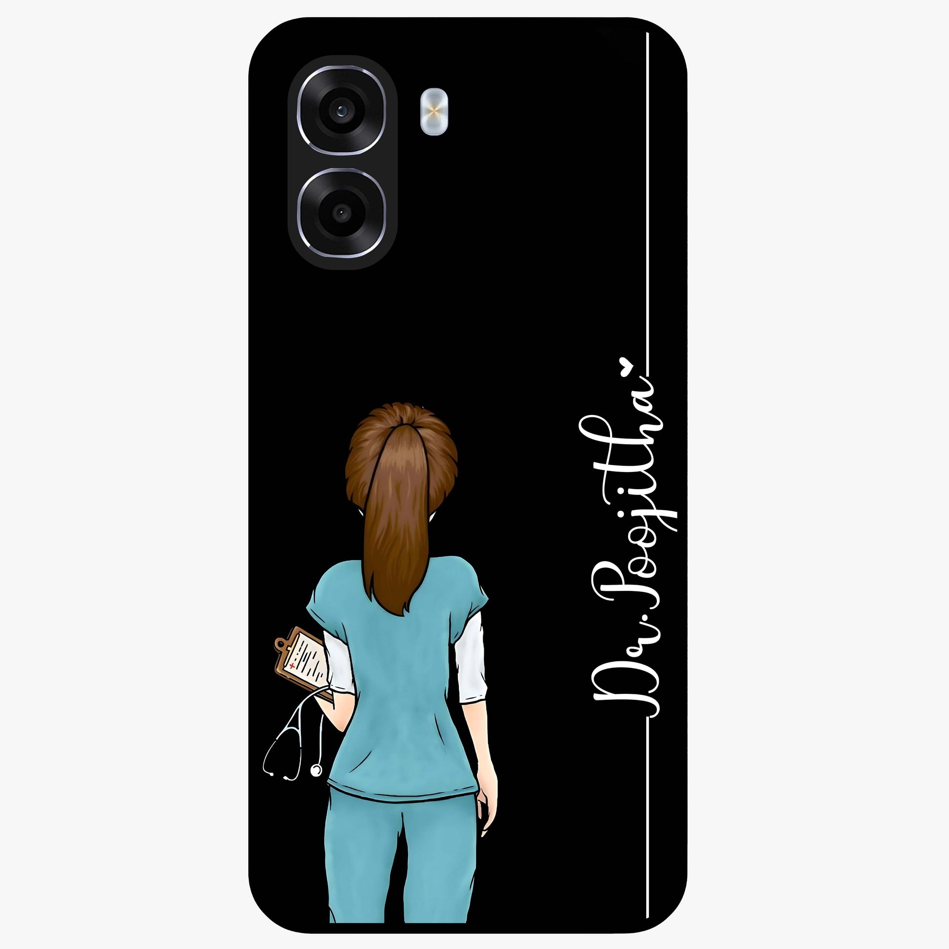 Doctor Pattern Custom Name Glass Case showing flat back view with medical themed pattern and personalized name design.