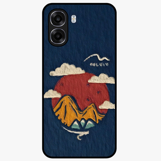 Dream Beyond Mountains Glass Case showing flat back view with scenic mountain landscape artwork and glossy glass finish.