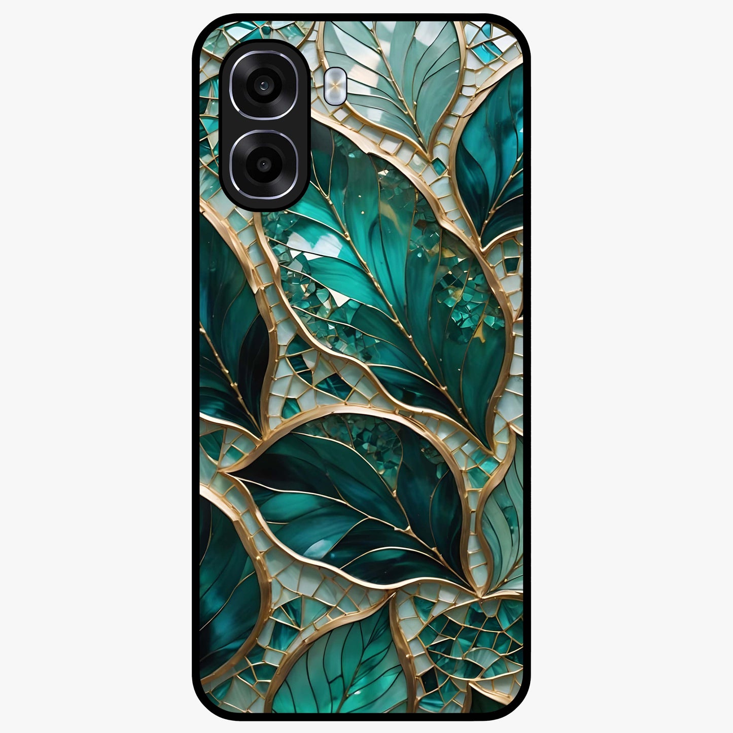 Emerald Leaf Glass Glass Case showing flat back view with emerald green leaf artwork and glossy glass finish.