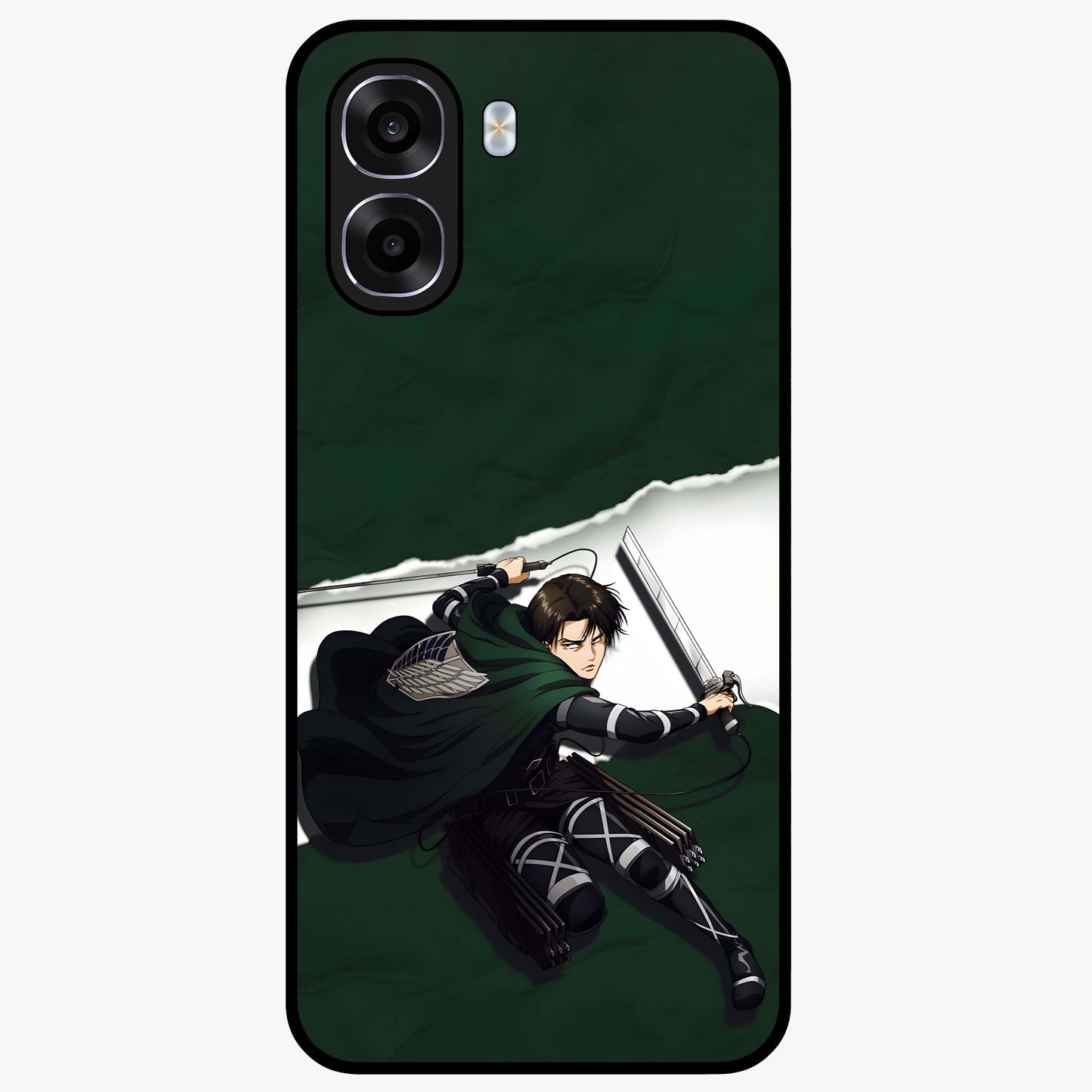 Emerald War Vanguard Glass Case showing flat back view with powerful warrior themed artwork and glossy glass finish.
