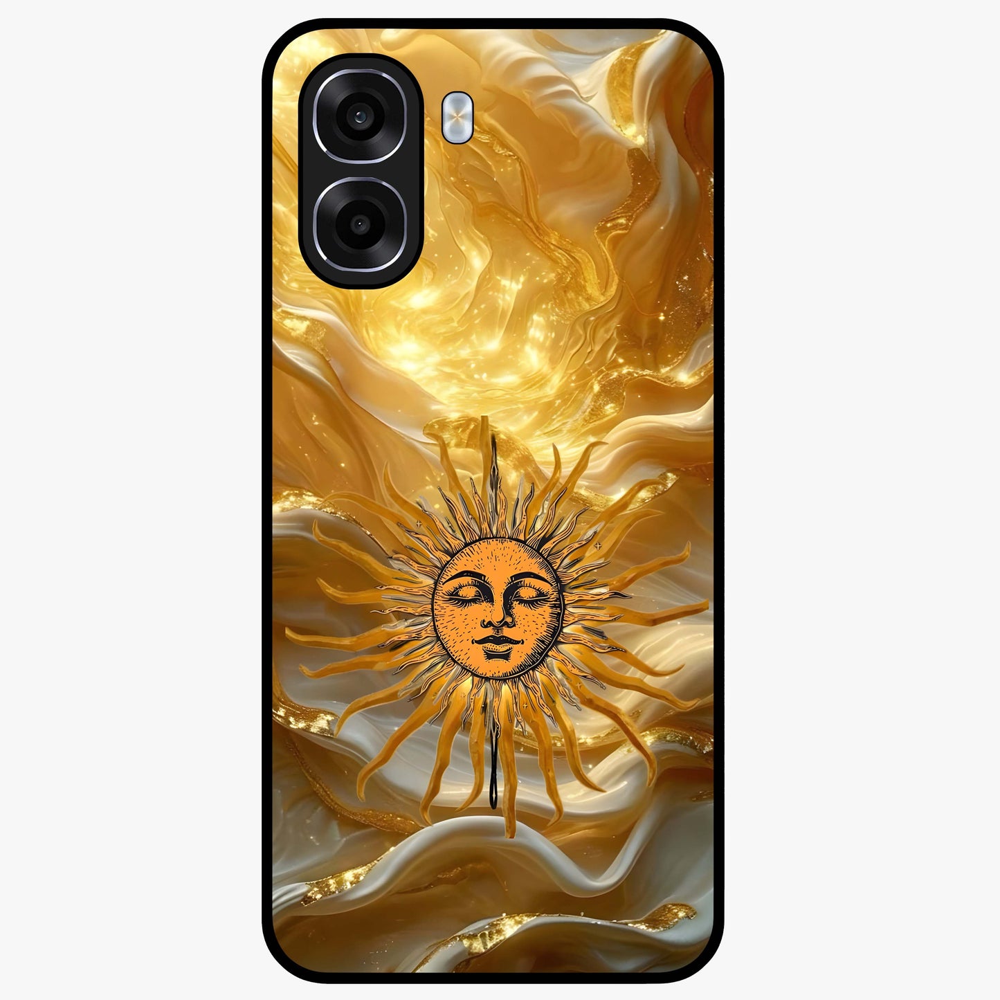 Eternal Golden Glow Glass Case showing flat back view with radiant golden themed artwork and glossy glass finish.