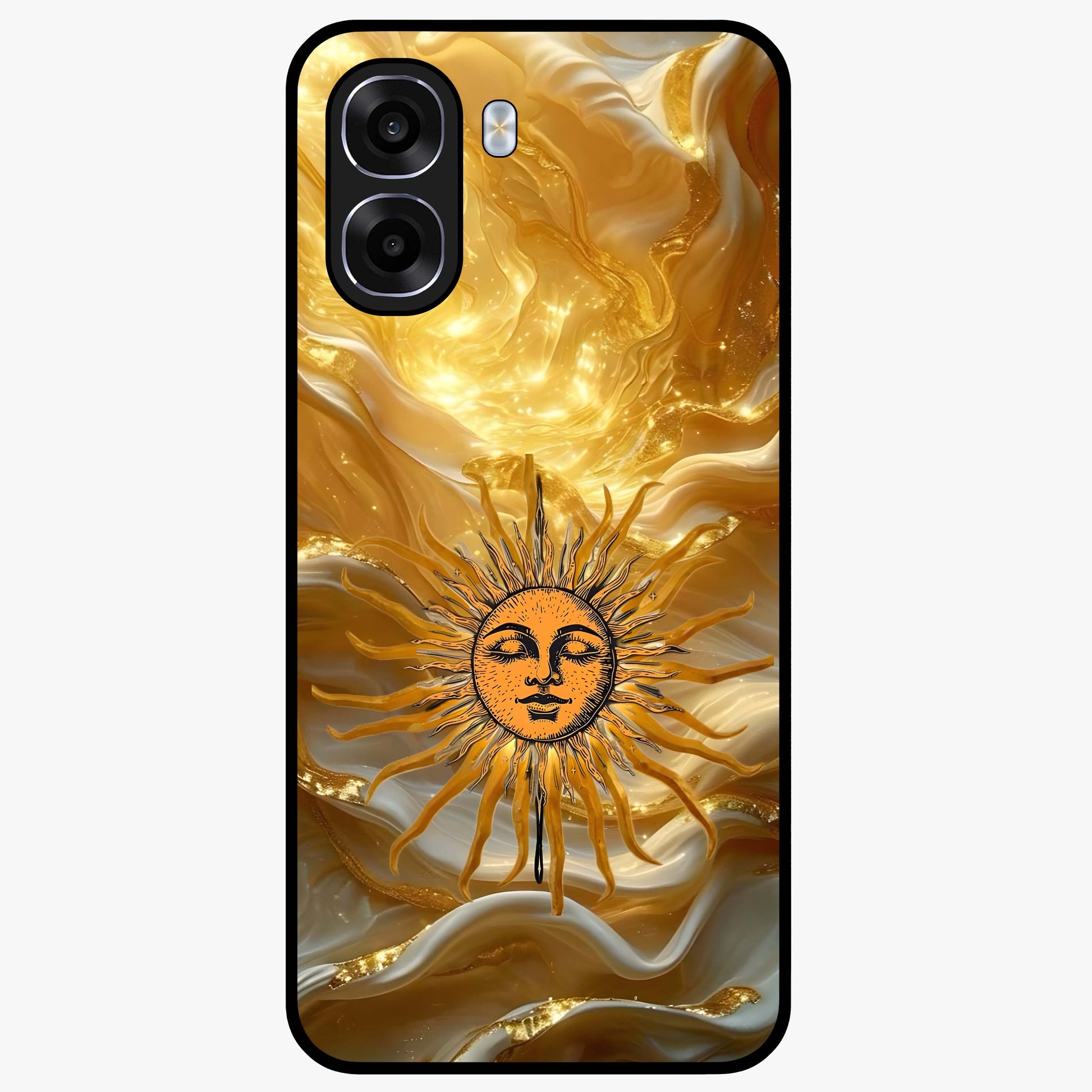 Eternal Golden Glow Glass Case showing flat back view with radiant golden themed artwork and glossy glass finish.