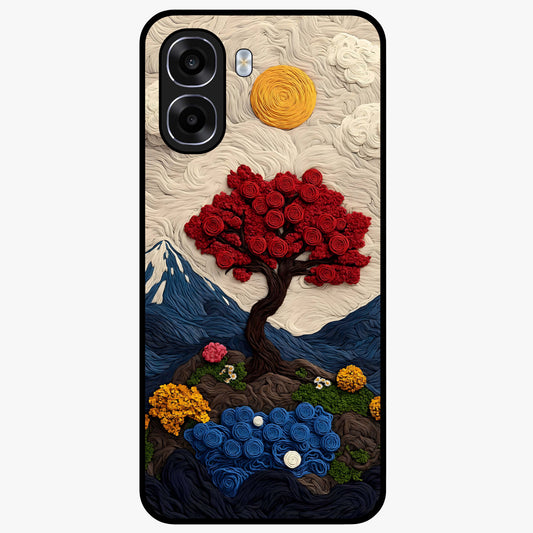 Eternal Nature Tapestry Glass Case showing flat back view with intricate nature tapestry artwork and glossy glass finish.