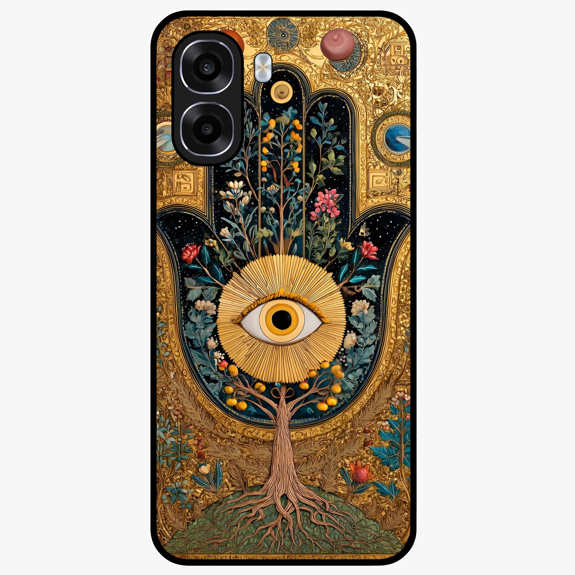Ethereal Evil Eye Glass Case showing flat back view with mystical evil eye artwork and glossy glass finish.