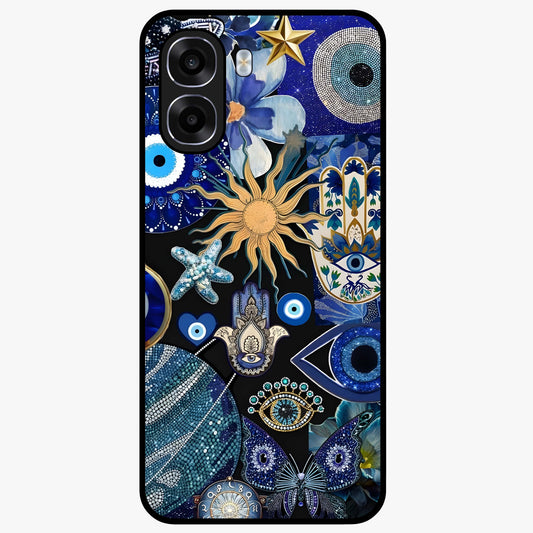 Evil Eye Charm Mix Glass Case showing flat back view with multiple evil eye charms artwork and glossy glass finish.