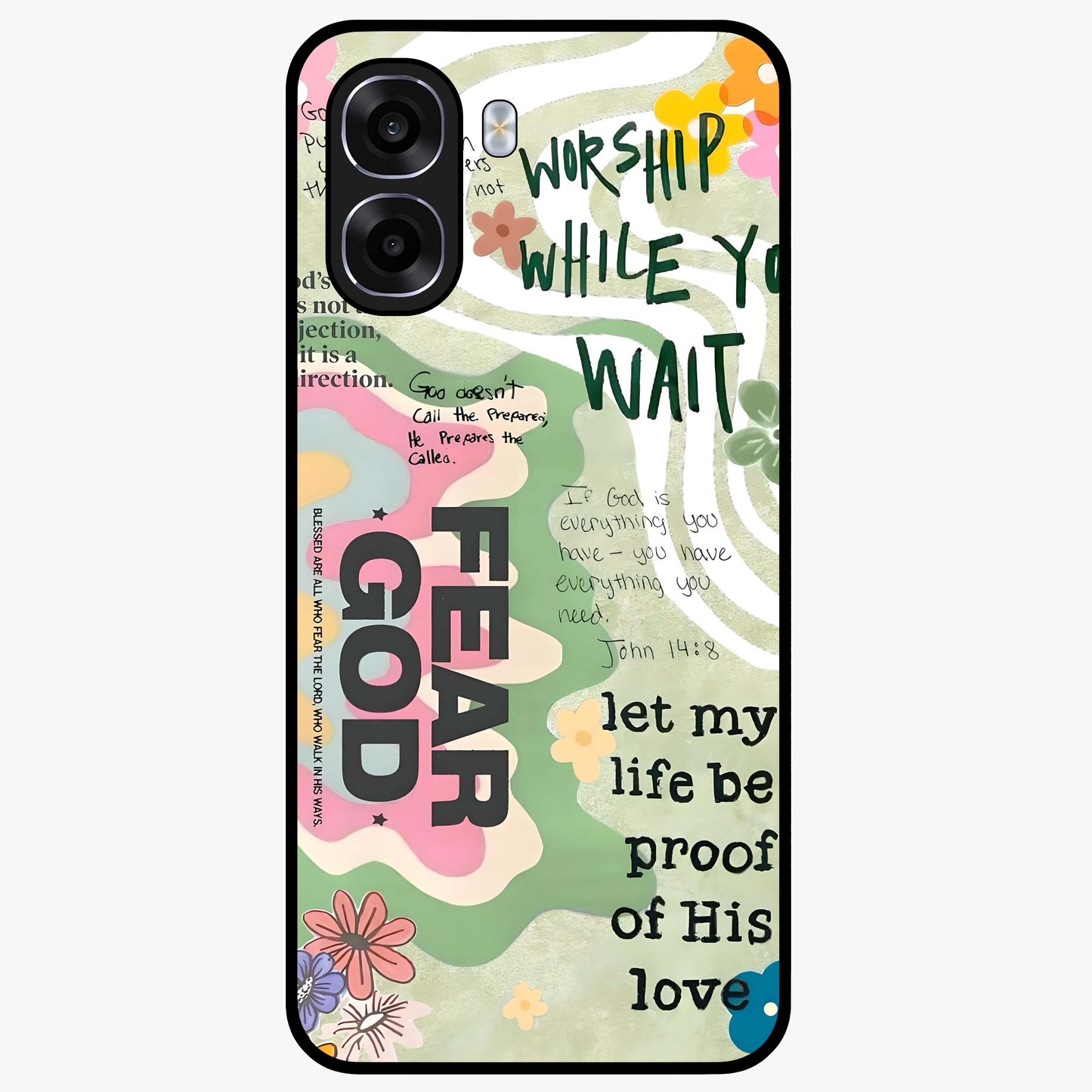 Faith Over Fear Glass Case showing flat back view with motivational typography artwork and glossy glass finish.