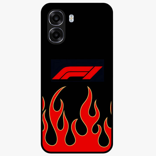 Fire F11 Glass Case showing flat back view with fiery themed artwork and glossy glass finish.