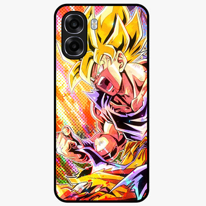 Firing Goku Glass Case showing flat back view with powerful anime inspired artwork and glossy glass finish.