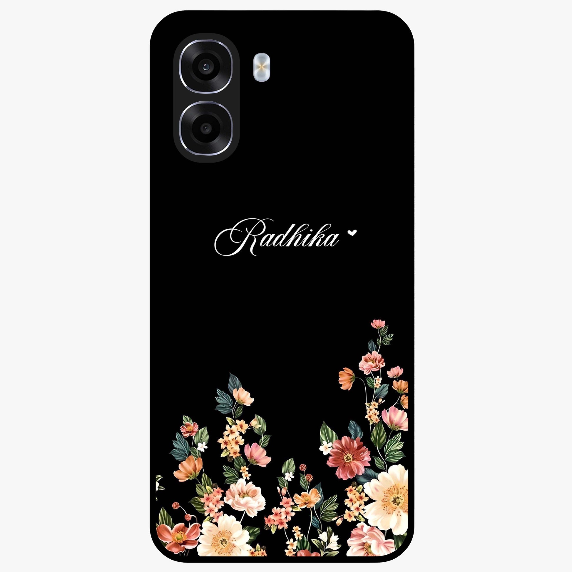 Floral Design With a Custom Personalized Name Glass Case showing flat back view with floral artwork and personalized name design.
