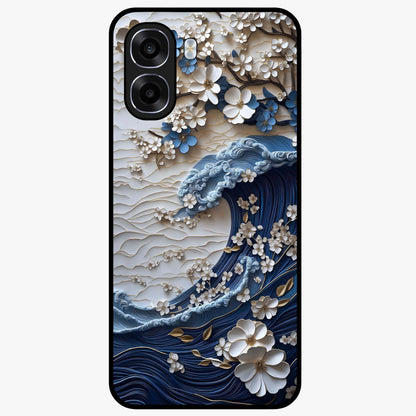 Floral Wave Origami Glass Case showing flat back view with origami inspired floral wave artwork and glossy glass finish.