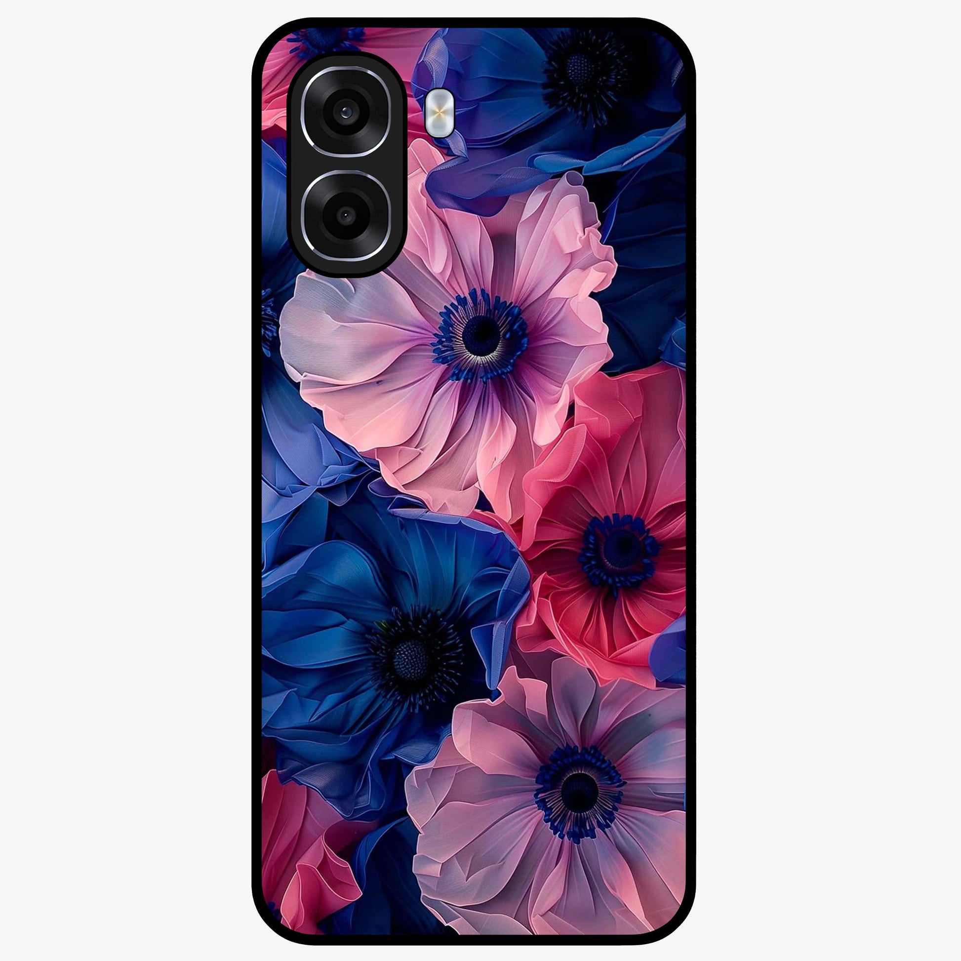 Flower Paper Art Pattern Glass Case showing flat back view with paper cut style floral artwork and glossy glass finish.