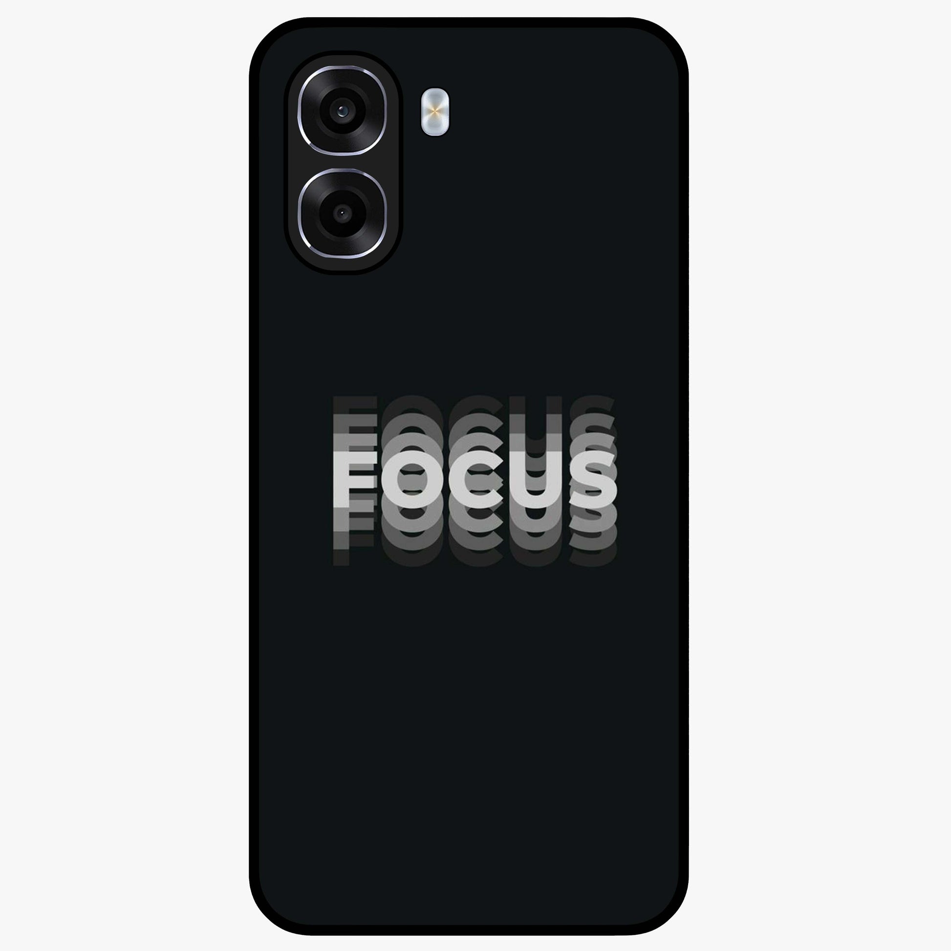 Focus Mode On Glass Case showing flat back view with bold motivational typography design and glossy glass finish.