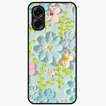 Frosted Petal Garden Glass Case showing flat back view with soft frosted floral artwork and glossy glass finish.