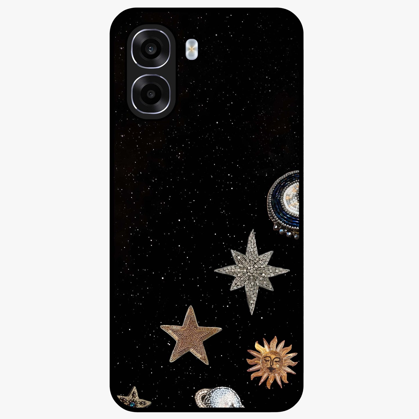 Galactic Charm Glow Glass Case showing flat back view with glowing celestial charm artwork and glossy glass finish.