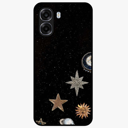 Galactic Charm Glow Glass Case showing flat back view with glowing celestial charm artwork and glossy glass finish.
