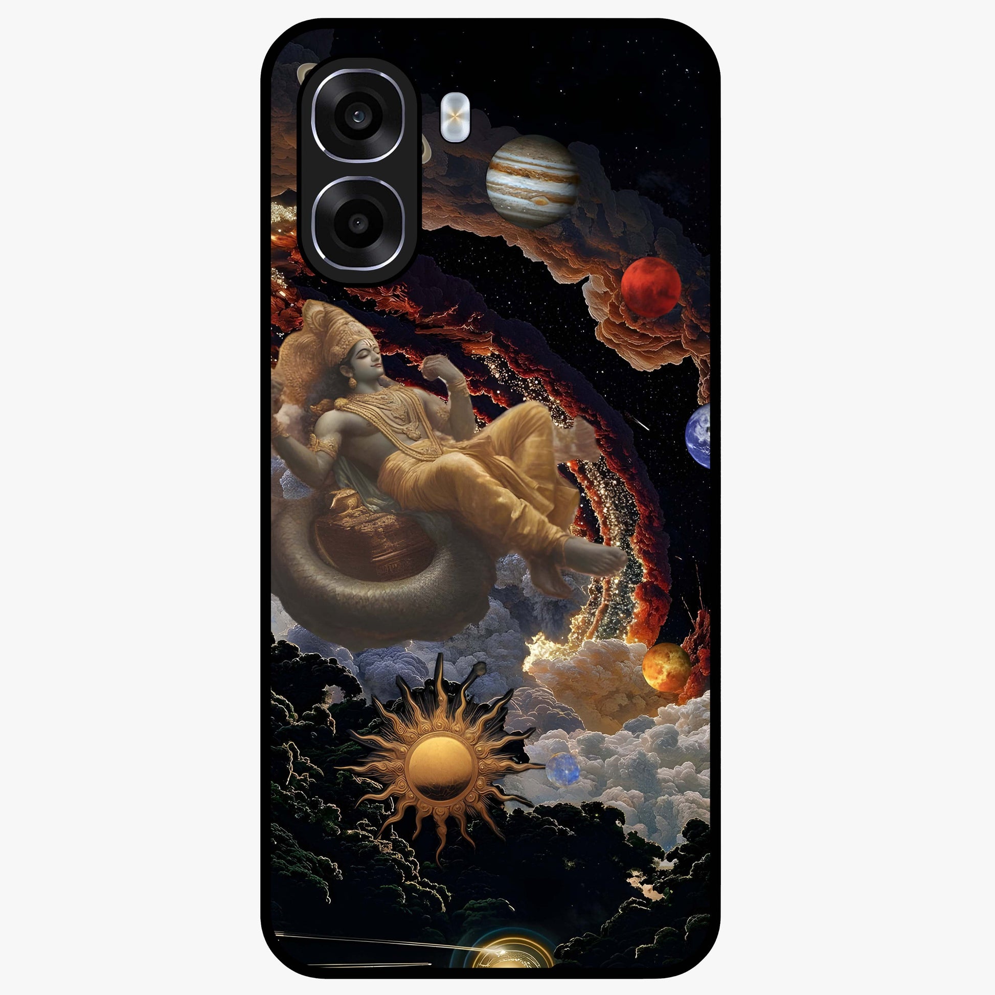 Galactic Divine God Glass Case showing flat back view with divine cosmic themed artwork and glossy glass finish.