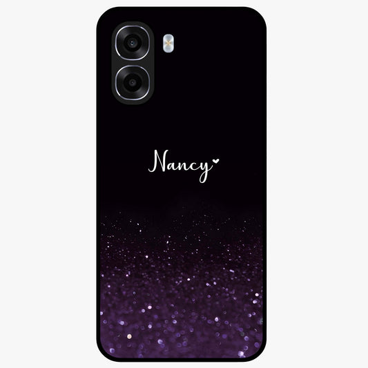 Glittery Purple Bokeh Custom Name Glass Case showing flat back view with purple bokeh sparkle artwork and personalized name design.