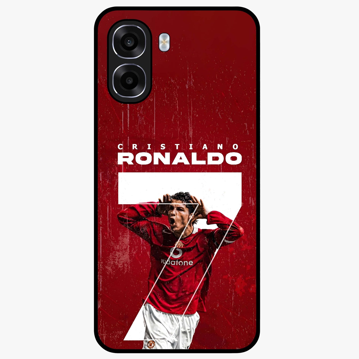 Goal Celebration Legacy Glass Case showing flat back view with football celebration inspired artwork and glossy glass finish.