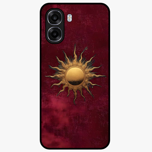 Gold Sun Blush Glass Case showing flat back view with golden sun inspired artwork and glossy glass finish.