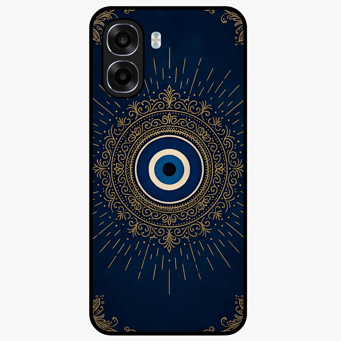 Golden Evil Eye Mandala Glass Case showing flat back view with intricate evil eye mandala artwork and glossy glass finish.