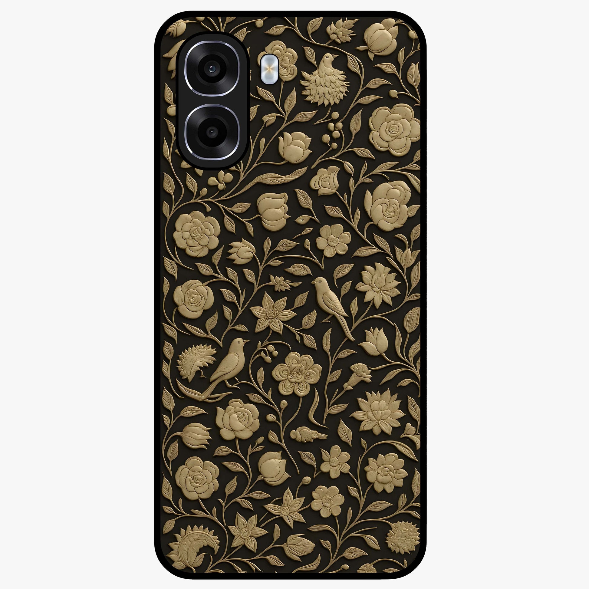 Golden Floral Majesty Glass Case showing flat back view with luxurious golden floral artwork and glossy glass finish.