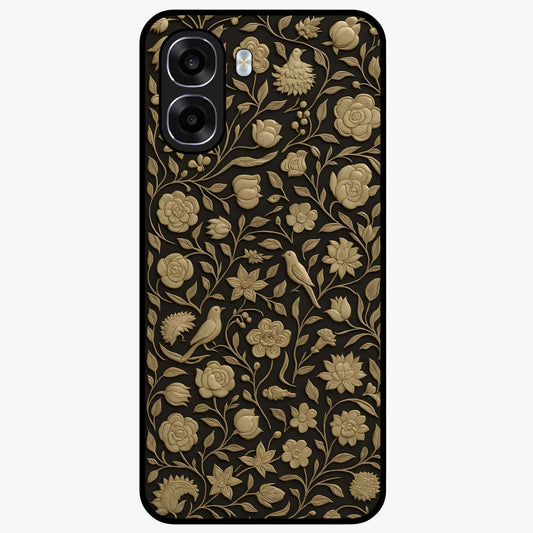 Golden Floral Majesty Glass Case showing flat back view with luxurious golden floral artwork and glossy glass finish.