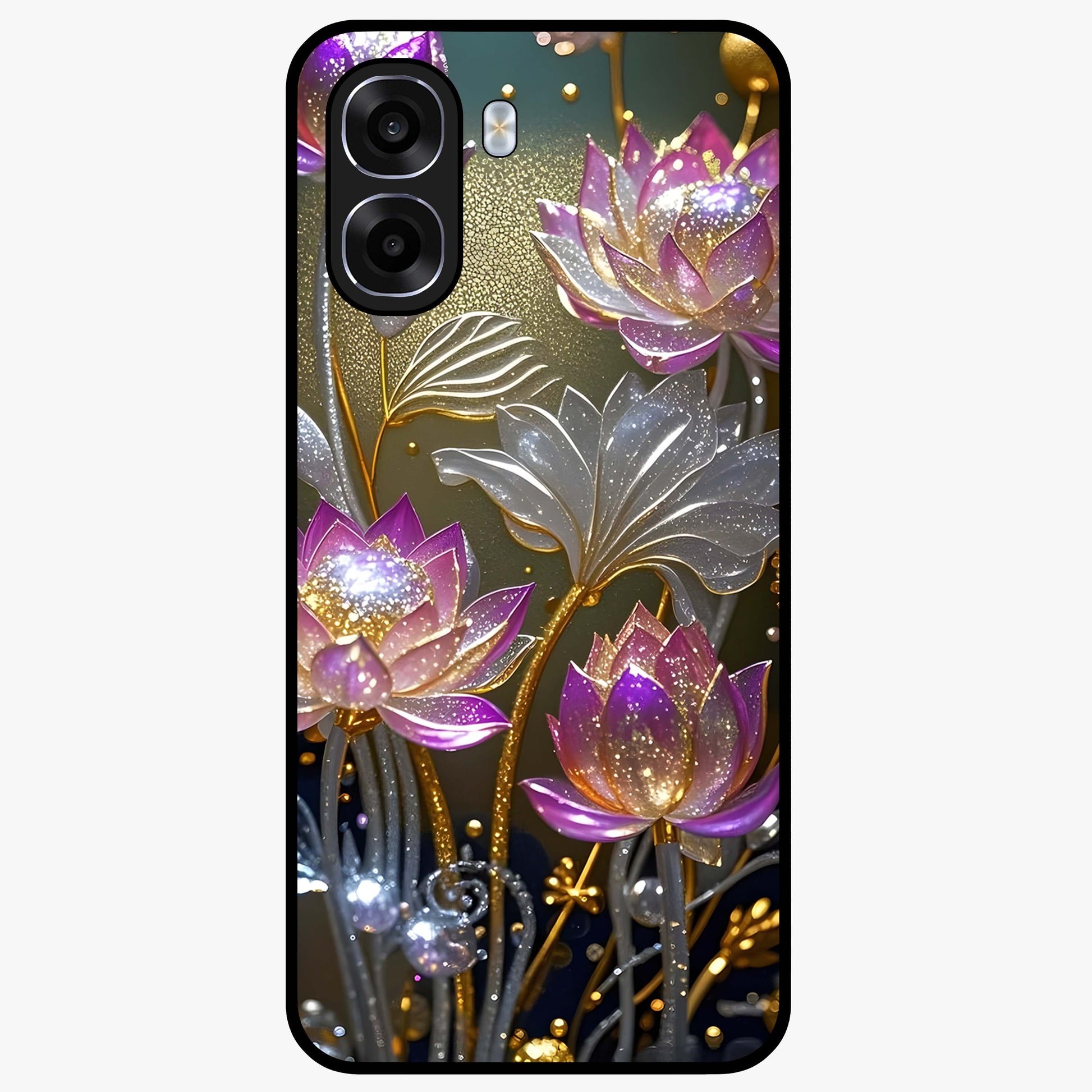 Golden Lotus Glow Glass Case showing flat back view with glowing lotus flower artwork and glossy glass finish.