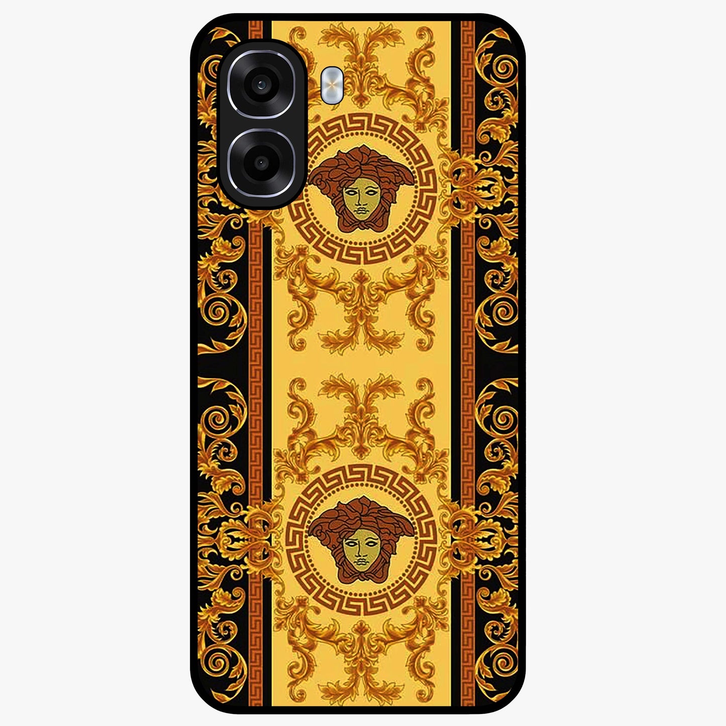 Golden Royal Heritage Glass Case showing flat back view with ornate royal pattern artwork and glossy glass finish.