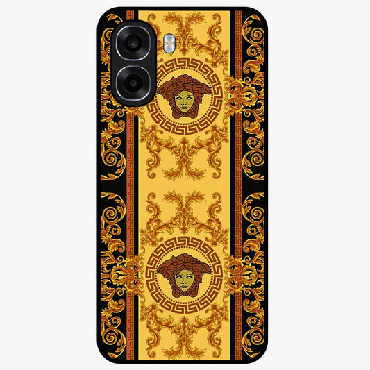 Golden Royal Heritage Glass Case showing flat back view with ornate royal pattern artwork and glossy glass finish.