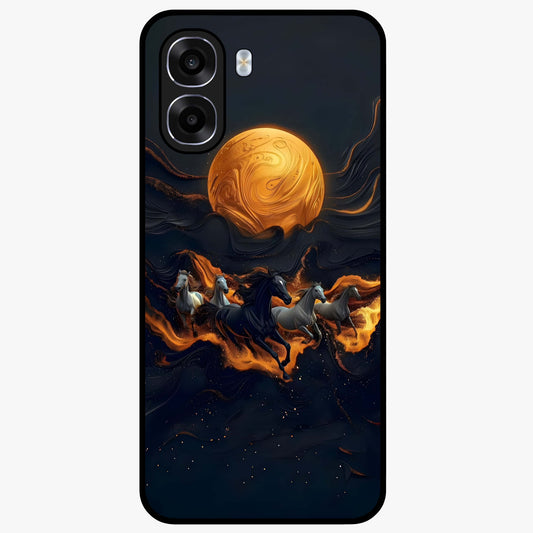 Golden Stallion Moonride Glass Case showing flat back view with majestic horse under moonlight artwork and glossy glass finish.