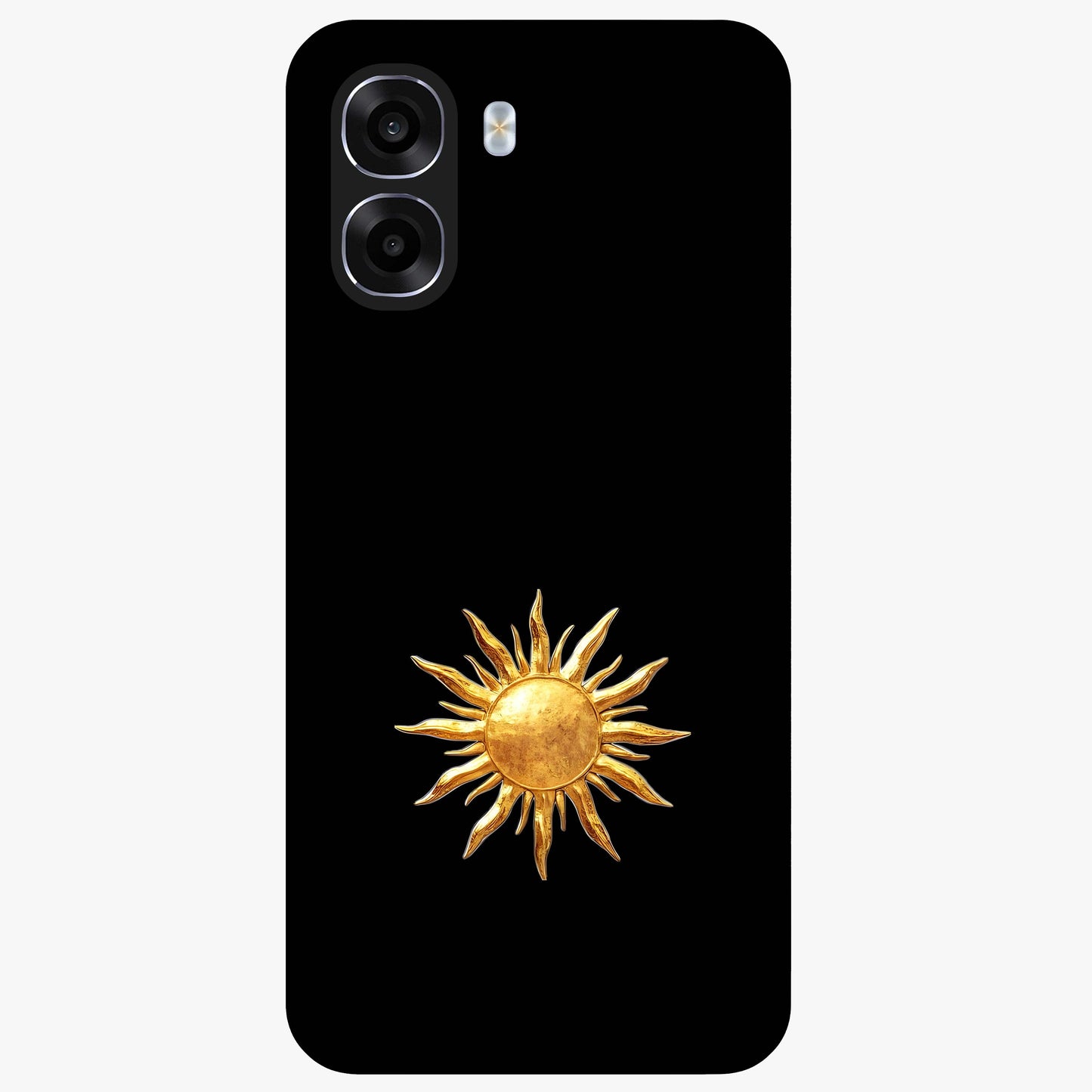 Golden Sun Minimalism Glass Case showing flat back view with minimal golden sun artwork and glossy glass finish.