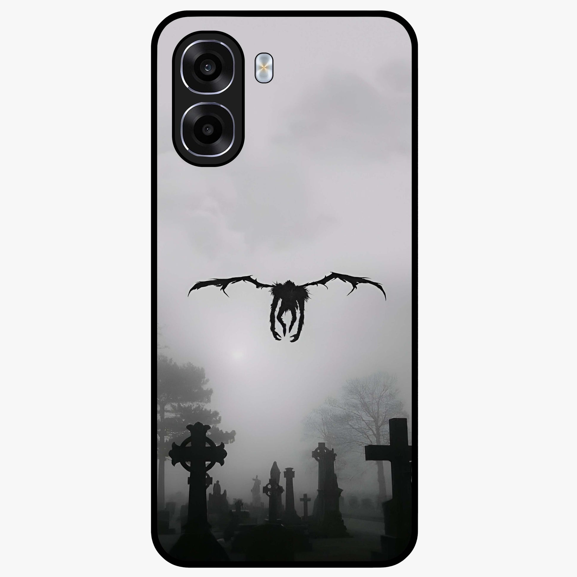 Graveyard Shadow Descent Glass Case showing flat back view with dark graveyard themed artwork and glossy glass finish.