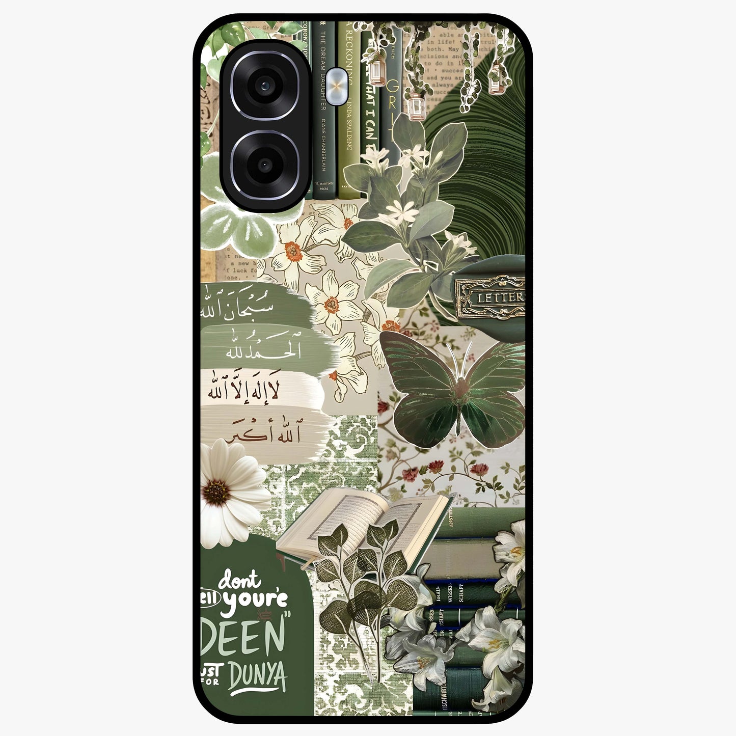 Green Islamic Books Quotes Glass Case showing flat back view with Islamic quotes and book themed artwork and glossy glass finish.