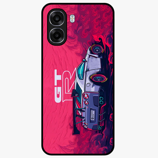 GT-R Car Pattern Glass Case showing flat back view with sporty car inspired pattern artwork and glossy glass finish.