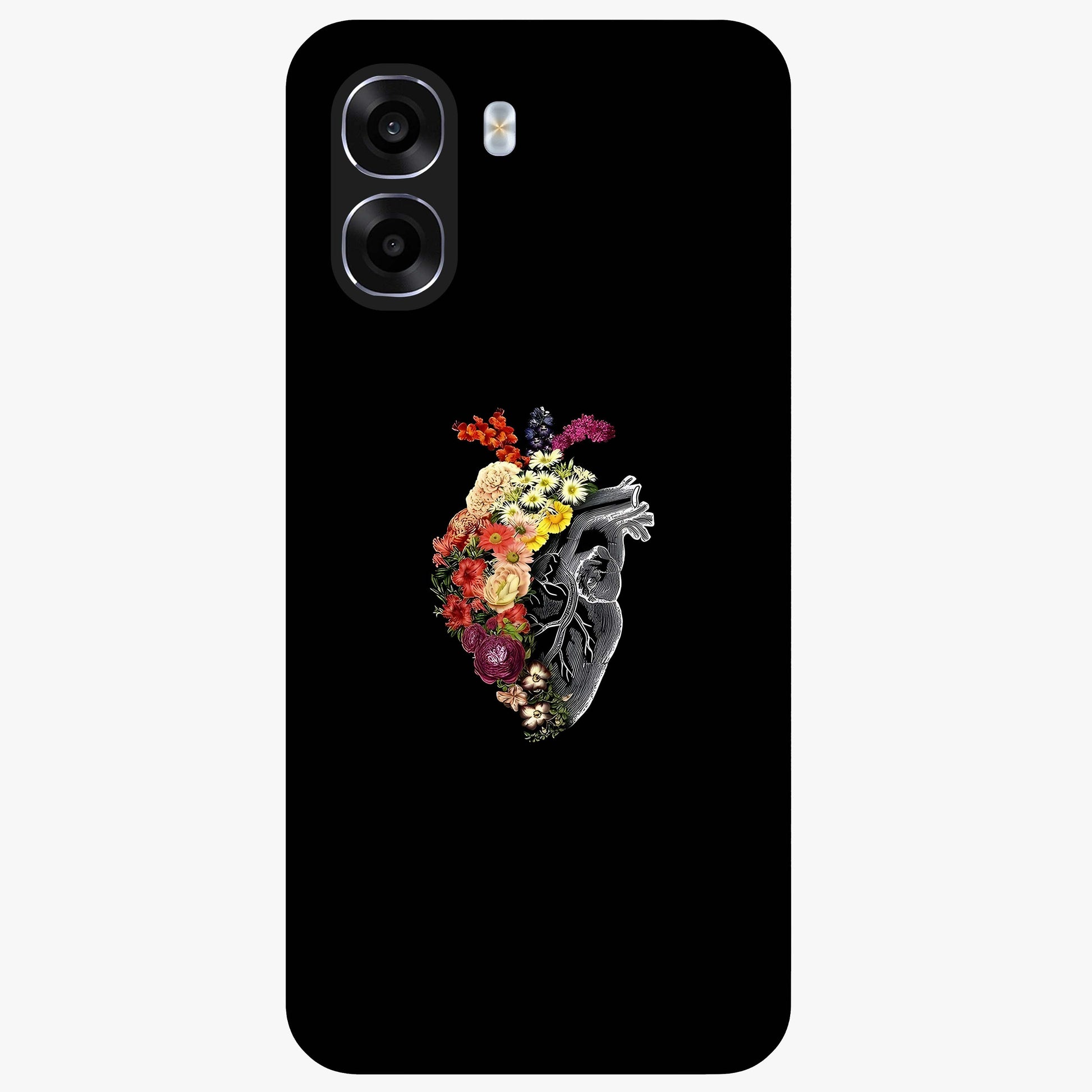 Heart With Flowers Glass Case showing flat back view with heart shaped floral artwork and glossy glass finish.