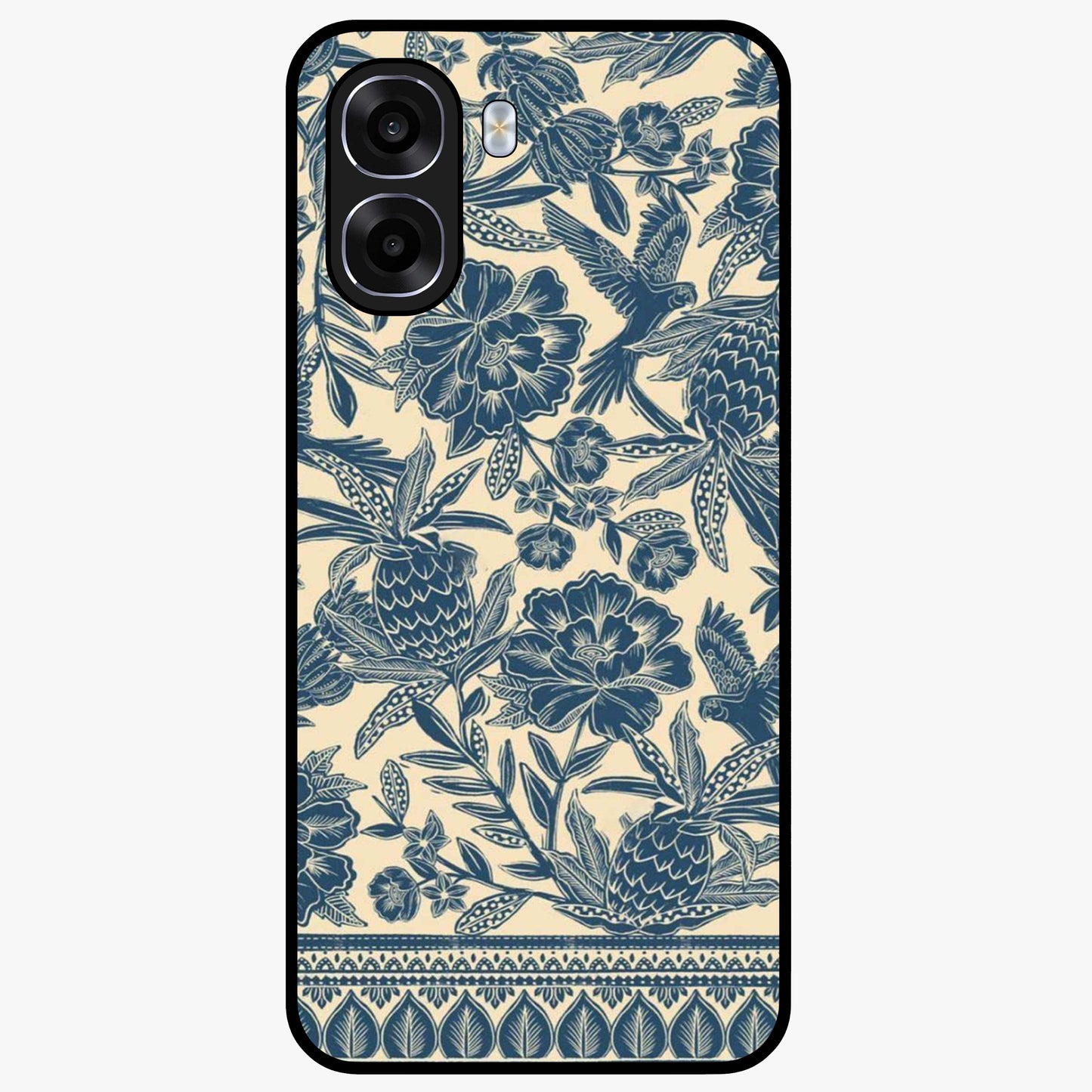 Heirloom Wild Bloom Glass Case showing flat back view with vintage inspired wild flower artwork and glossy glass finish.