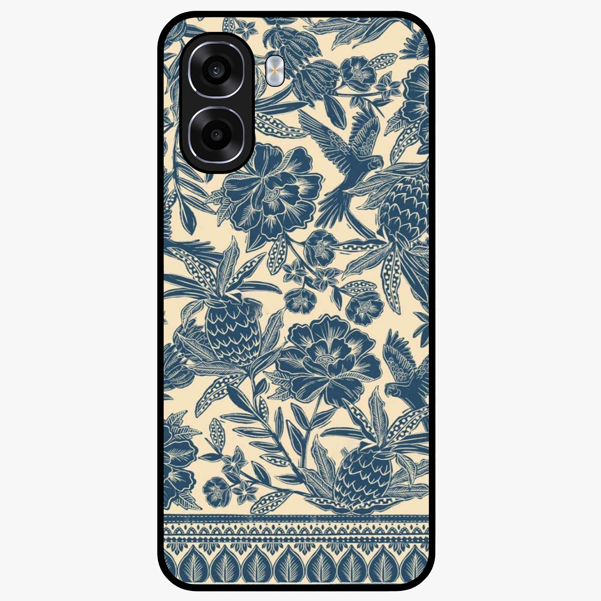 Heirloom Wild Bloom Glass Case showing flat back view with vintage inspired wild flower artwork and glossy glass finish.