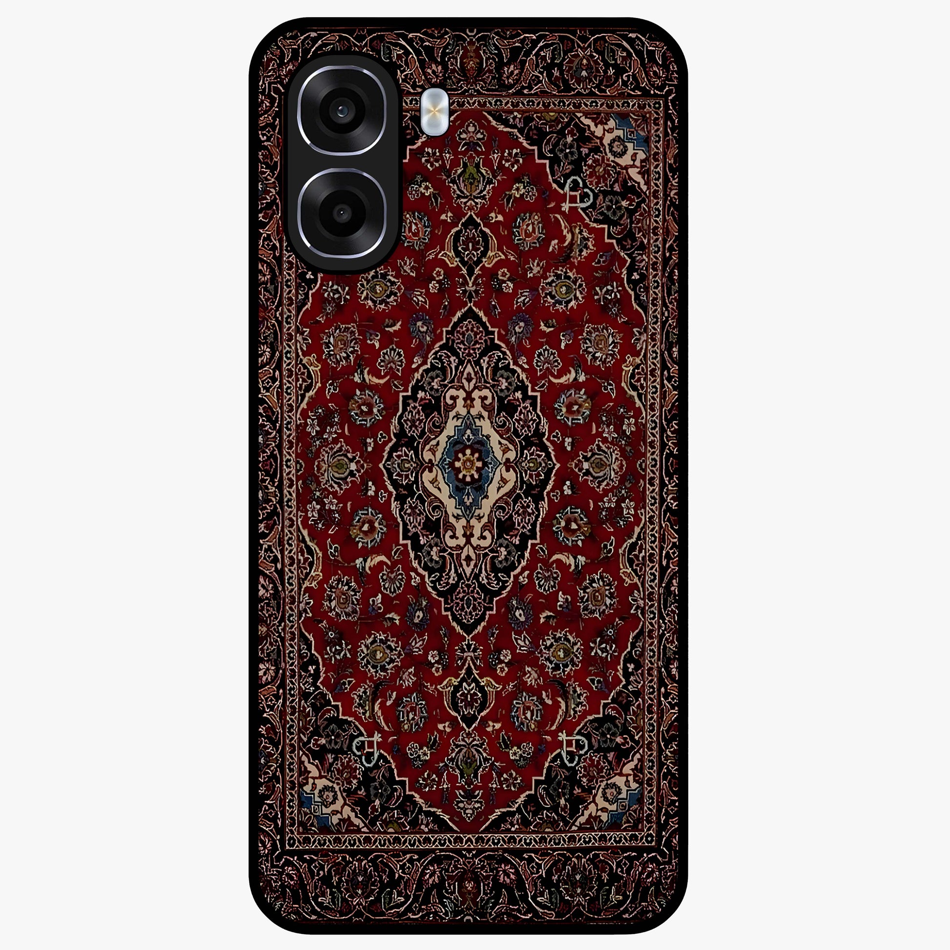 Heritage Carpet Royale Glass Case showing flat back view with ornate Persian carpet inspired pattern and glossy glass finish.