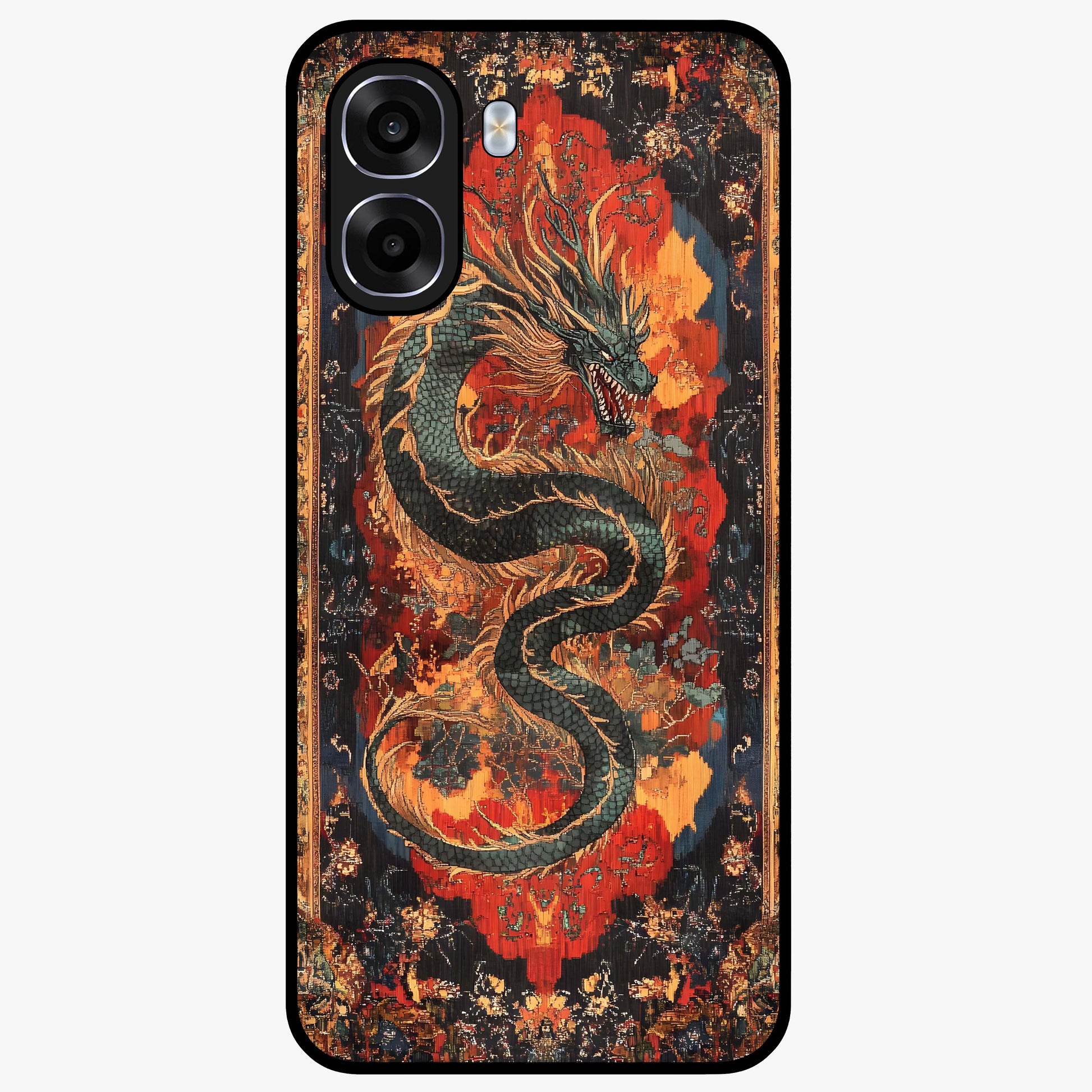 Inferno Dragon Soul Glass Case showing flat back view with fiery dragon artwork and glossy glass finish.