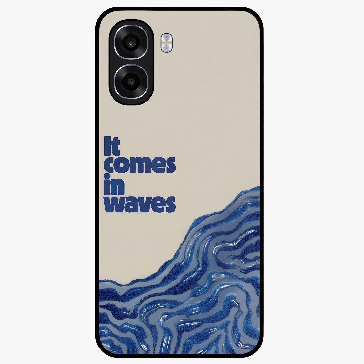 It Comes In Waves Quote Glass Case showing flat back view with inspirational wave themed quote artwork and glossy glass finish.
