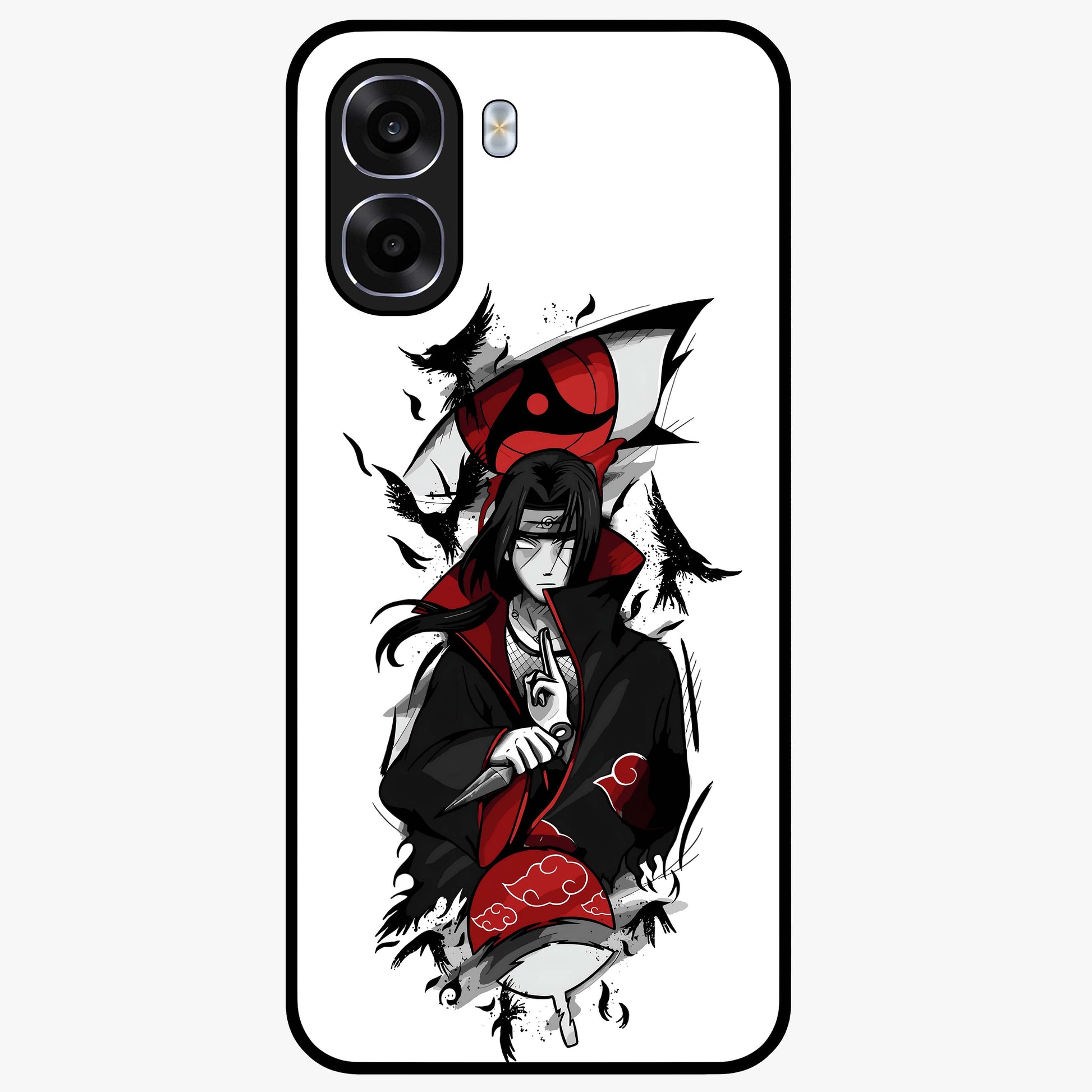 Itachi Sharingan Glass Case showing flat back view with powerful anime eye artwork and glossy glass finish.